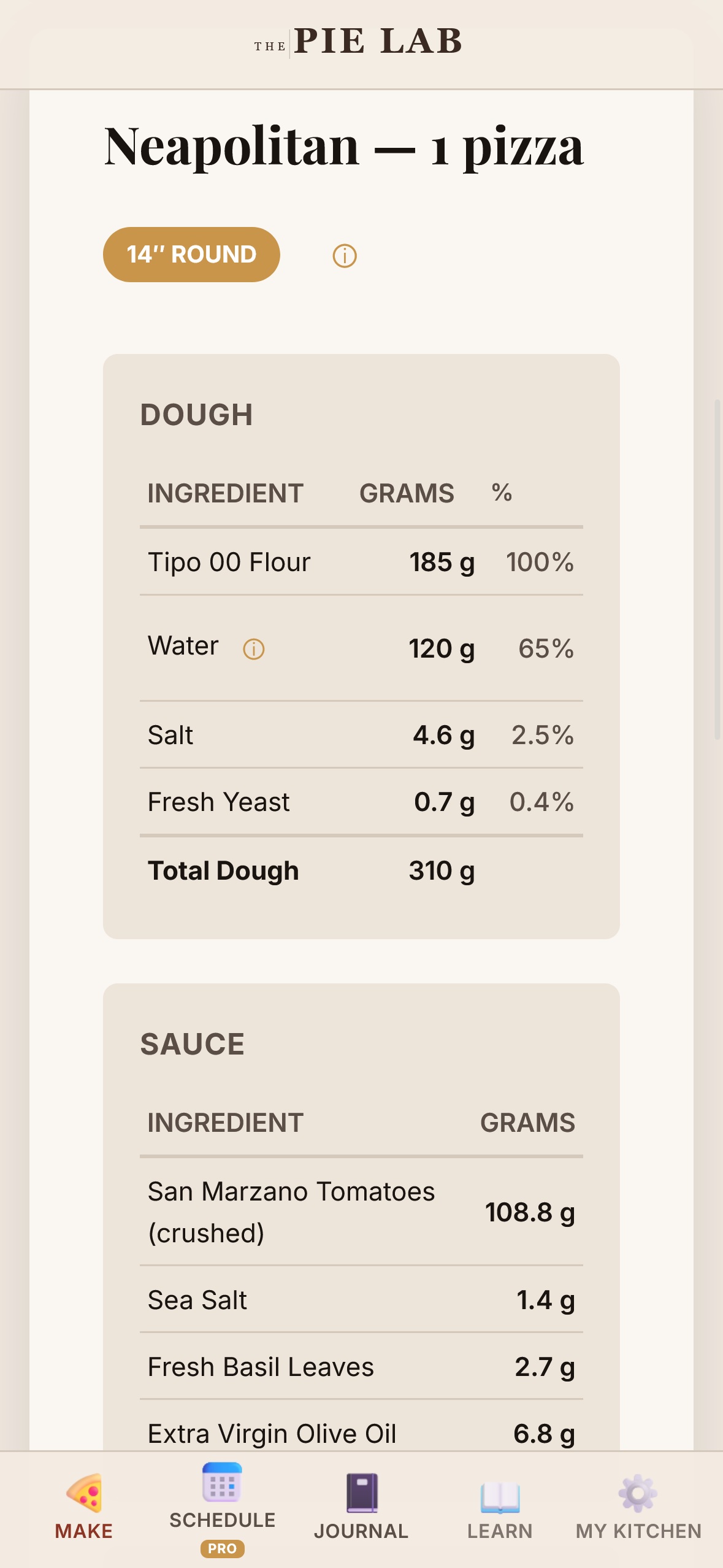 Calculator showing Neapolitan dough recipe