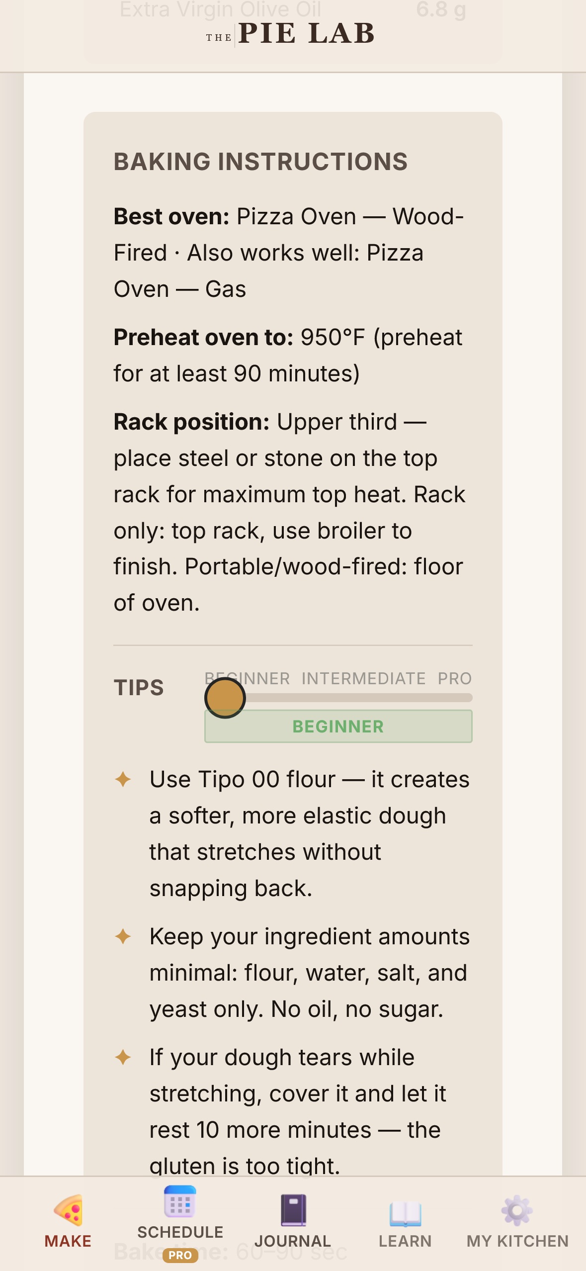Baking tips with skill level slider