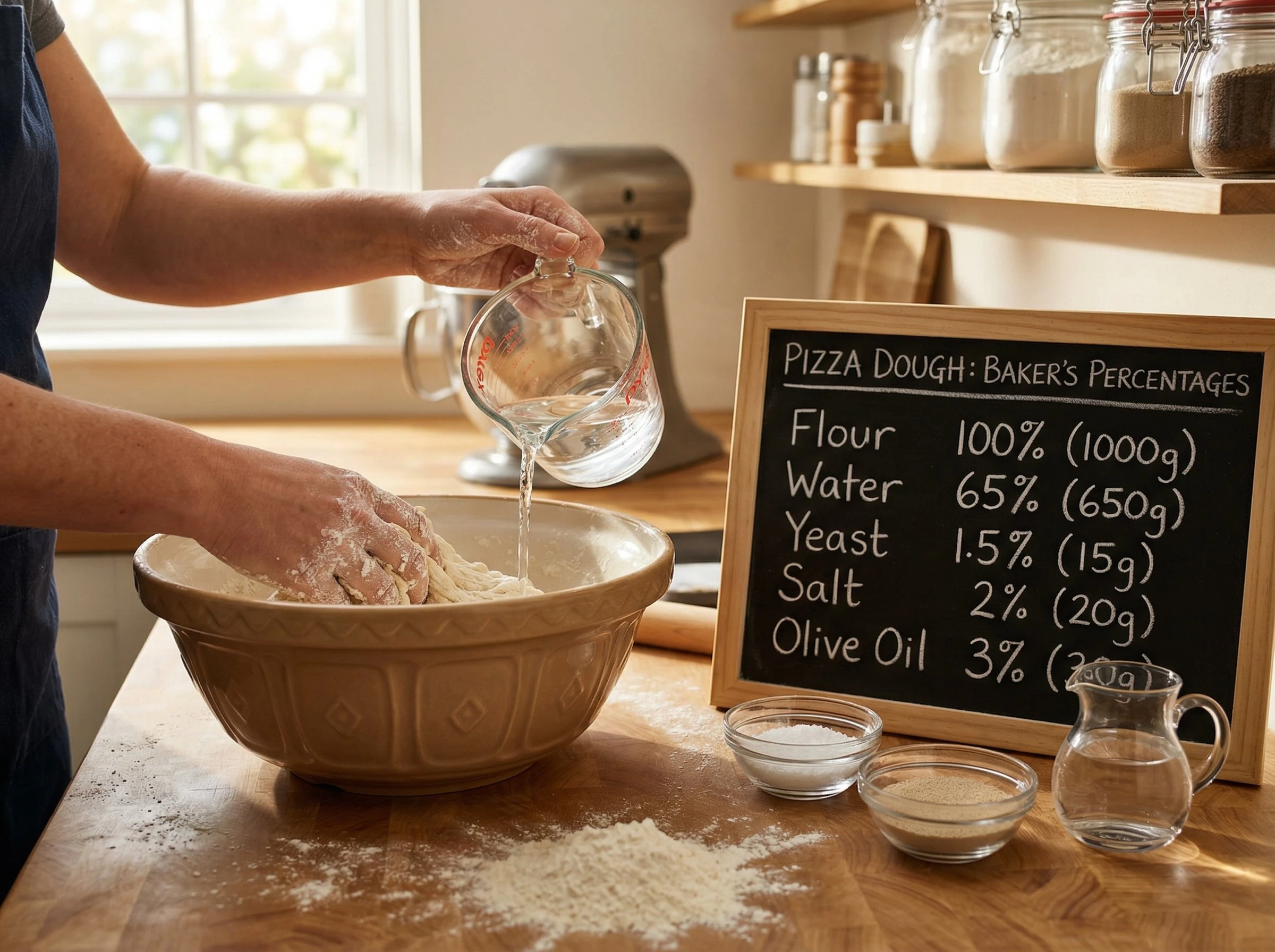 Flour, water, salt, and yeast measured on a kitchen scale